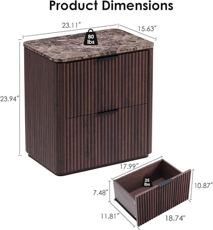 Fluted Nightstands Set 2 with Faux Marble Top, Modern Bedside Table | FSC-Certified Engineered Wood, 24" H, 2 Drawers, Rounded Corner, Metal Handle, for Bedroom, Dark Oak