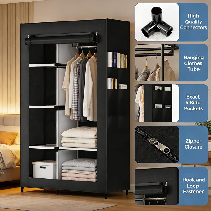 Simple Deluxe Wardrobe with lid, Clothes Rack for Hanging Clothes, 40.7"W x 17.5"D x 64.2"H Garment Rack，Max Load 143LBS，Black Rack with Black Cover