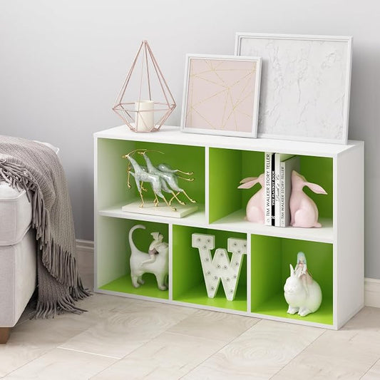 Furinno LUDER Book Shelf, 5-Cube Bookshelf, Reversible Bookcase, 9.4 x 19.5 x 31.5, Easy Assembly, for Living Room, Bedroom, Home Office, White/Green