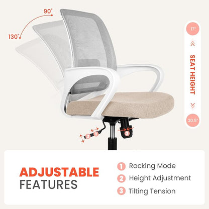 NEO CHAIR Office Desk Ergonomic Computer Mesh Chair with Lumbar Mid Back Support Adjustable Height Swivel Rolling Wheels Comfy Task Vanity Chair for Home Bedroom Study (Beige)