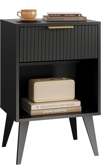 YAUKOMEL Fluted Night Stand with Opening Storage,Mid Century Bedside Table with Drawer,Black Nightstand with Wood Legs,End Table Side Table for Living Room,Bedroom,11.8" Dx15.7 Wx 25.2" H CTG56BK