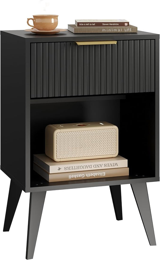 YAUKOMEL Fluted Night Stand with Opening Storage,Mid Century Bedside Table with Drawer,Black Nightstand with Wood Legs,End Table Side Table for Living Room,Bedroom,11.8" Dx15.7 Wx 25.2" H CTG56BK
