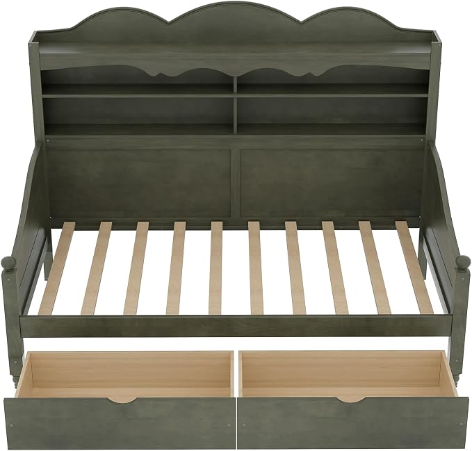 Merax Twin Daybed with Storage Drawers, Wood Twin Day Bed with 3-Tier Storage Headboard Shelves, Retro Style Twin-Size Daybed for Bedroom Guest Room, No Box Spring Needed, Easy Assembly, Grey