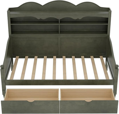 Merax Twin Daybed with Storage Drawers, Wood Twin Day Bed with 3-Tier Storage Headboard Shelves, Retro Style Twin-Size Daybed for Bedroom Guest Room, No Box Spring Needed, Easy Assembly, Grey