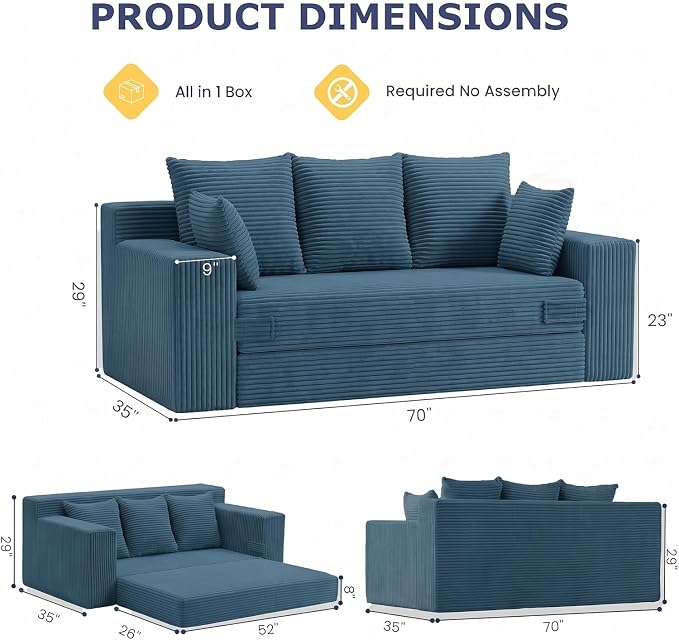 Boneless Couch for Living Room, 3 Seater Convertible Futon Sofa Bed Comfy Pull Out Couch with 5 Pillows & Detachable Washable Cover, Upholstered Floor Sofa in A Box, No Assembly Required, Blue
