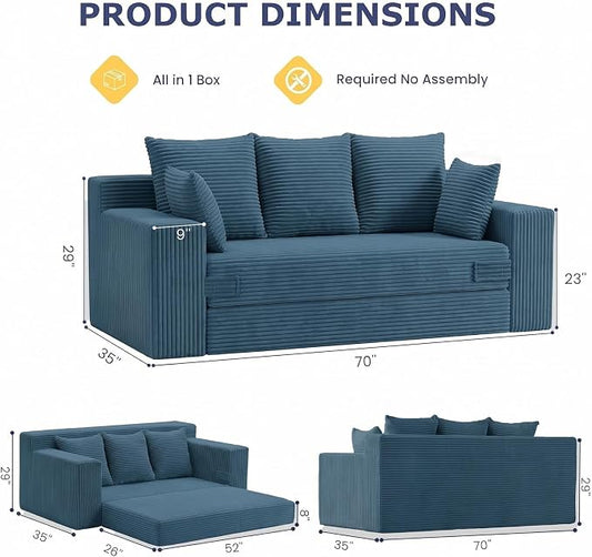 Boneless Couch for Living Room, 3 Seater Convertible Futon Sofa Bed Comfy Pull Out Couch with 5 Pillows & Detachable Washable Cover, Upholstered Floor Sofa in A Box, No Assembly Required, Blue