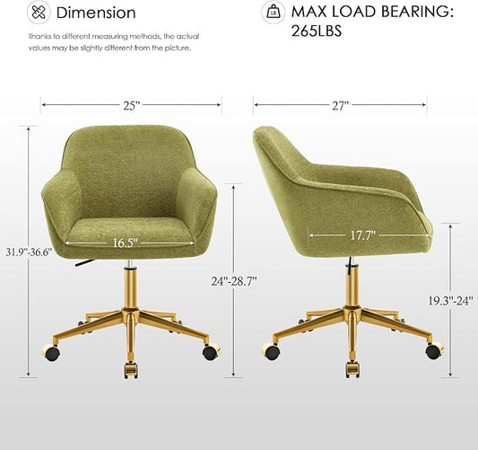 Zesthouse Vanity Chair with Wheels for Girl Women, Swivel Office Desk Chair | Green Chenille Rolling Office Chair with Arms & Gold Base, Upholstered Fabric Desk Chair for Bedroom, Height Adjustable Chair