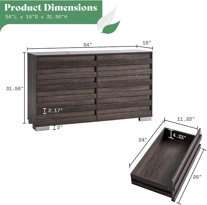 AMERLIFE 2-Piece Farmhouse Bedroom Set, Queen Size Bed Frame and 6 Drawer Dresser, Platform Bed with 49" Fluted Headboard, 54" Wide Wood Chest of Drawer for Bedroom, Grey