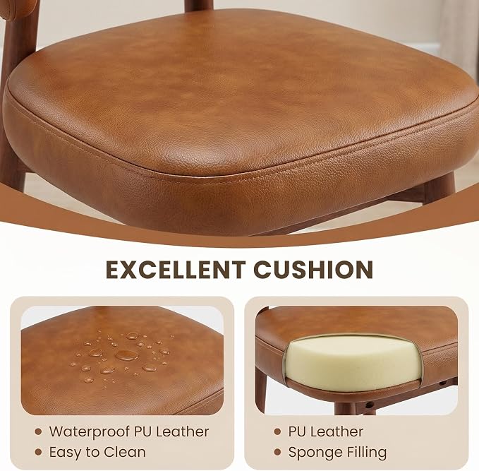 MALOL Wooden Dining Chairs Set of 6, Modern Upholstered Dining Room Chair, PU Leather Kitchen Side Chairs with Curved Open Back for Living Room/Restaurant/Cafe, Brown