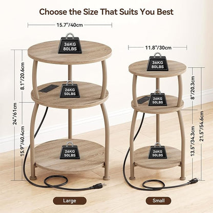 Round Side Table with Power Outlet & USB Ports, 3-Tier End Table with Storage Shelf, 15.7" Wide Nightstand for Small Spaces, Tall Bedside Table Capable of Charging Laptops & Phones, Rustic Brown