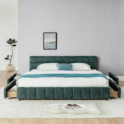 KEIKI King Thick Chenille Bed Frame with 4 Storage Drawer & Upholstered Tufted Headboard, Modern Solid Wood Floor Platform for Bedroom, No Box Spring Needed