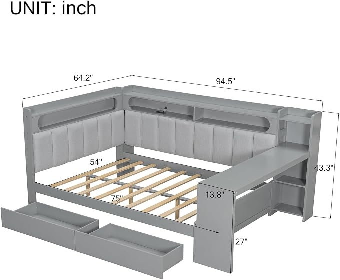 Bellemave Full Size Upholstered Daybed with Desk and Drawers and USB/LED Belt, Corner Bed with Trundle, L-Shape daybed for Bedroom Living Room, Gray（Linen）