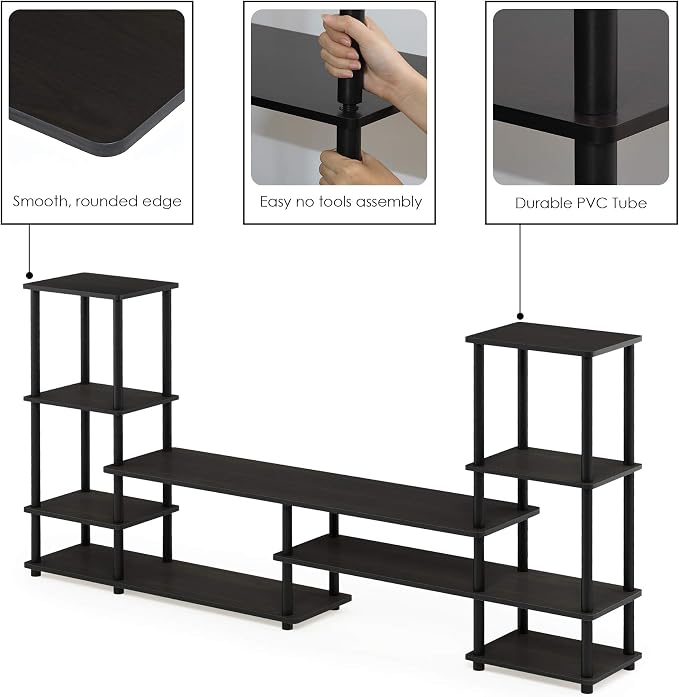 Furinno Turn-N-Tube TV Stand, Wide Open Frame Entertainment Center with Storage, TV Console with Tall Side Shelves for TV up to 48 Inch, for Living Room, Bedroom, Espresso