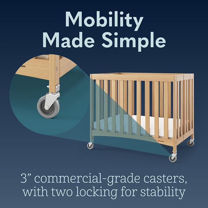 Foundations Travel Sleeper Wood Compact Folding Crib with 2” InfaPure Foam Crib Mattress and Commercial Grade Casters for Hotels, Natural