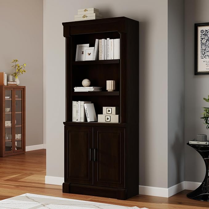 72" Roman Column Bookcase with Double Door Cabinet, 5 Tiers Tall Bookshelf Storage and Anti Tip Kit, Classic American European Modern Multi Style Design for Living Room Study Office, Dark Cherry