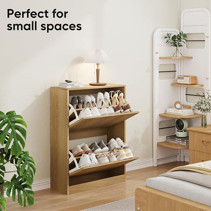 Shoe Storage Cabinet with Vertical Groove Doors 2 Flip Drawers, Narrow Shoe Cabinet Storage for Entryway, Freestanding Shoe Organizer Cabinet, Slim Shoe Rack Cabinet (Natural Oak Grain)