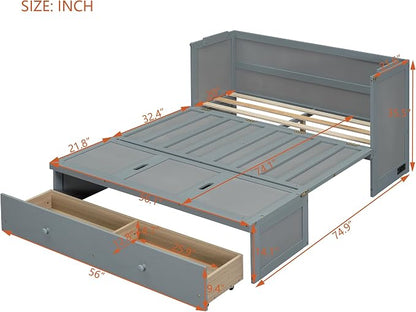 Merax Murphy Bed Cabinet Full Size with Storage Drawers, Chest Cube Bed for Guest Room, Built-in Sockets & USB Ports, for Home Office or Small Bedroom, Grey