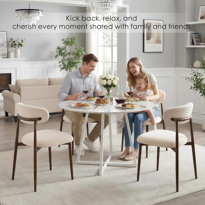Furniliving Mid Century Modern Dining Chairs Set of 6, 300 lbs Capacity Upholstered Chenille Kitchen Chairs with Walnut Grain Metal Legs and Ergonomic Curved Back, Beige(Walnut/Chenille)