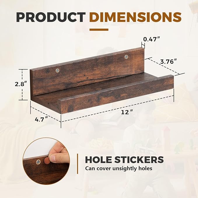 Muzilife 12" Small Floating Wall Ledge Shelves with Lip - Set of 4 Wood Floating Shelves - Walnut Brown Wall Mounted Picture Ledge for Office, Bathroom, Bedroom, Living Room, Kitchen