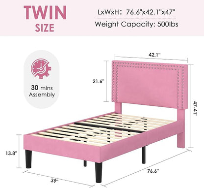 VECELO Twin Size Platform Bed Frame with Height Adjustable Upholstered Headboard, Modern Mattress Foundation,Strong Wood Slat Support, No Box Spring Needed, Easy Assembly,Pink