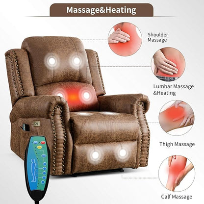 HAOMARKETS Classic Power Recliner Chair with Massage and Heat, Breathable Faux Leather Electric Recliner with USB&Type-C Port, Overstuffed Reclining Sofa with Rivets for Living Room, Brown