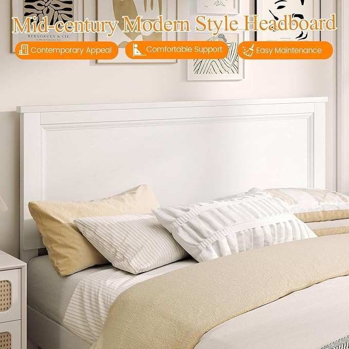 Wood Bed Frames with Headboard, Mid Century Bed Frame with Solid Wood Legs & Wooden Slat Support, Mattress Foundation Bed Base, No Box Spring Needed, (White, Queen (U.S. Standard))