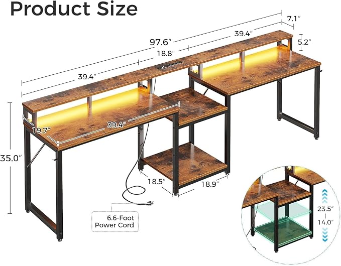 Casaottima 98 Inch 2 Person Gaming Desk with Storage Shelves, Long Double Home Office Computer Writing Desks with USB Charging Port & LED Lights, Monitor Stand, Modern Study/Work Table,Vintage