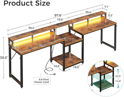 Casaottima 98 Inch 2 Person Gaming Desk with Storage Shelves, Long Double Home Office Computer Writing Desks with USB Charging Port & LED Lights, Monitor Stand, Modern Study/Work Table,Vintage