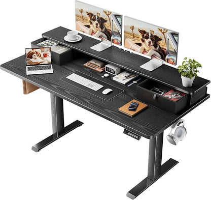 Veken 55x26 in Electric Standing Desk with Drawers, Adjustable Table, Black | Stand up Computer Desk for Home Office, Work & Study, with Storage, 3 Memory Presets, Cable Organizer, Hook, and Quiet Lift.