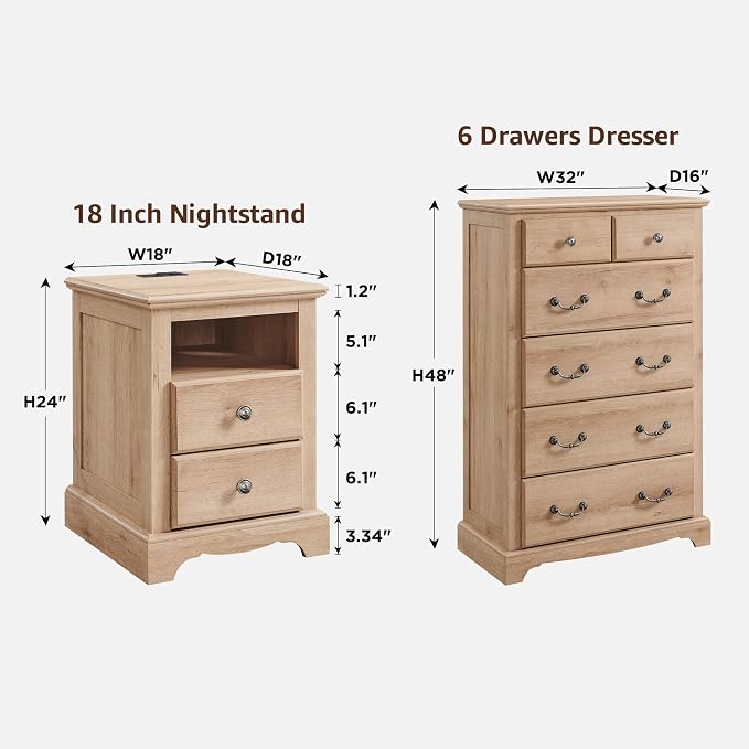 T4TREAM Farmhouse Dresser and Nightstand Sets of 3, 48" Tall 6 Drawers Dresser & 2-Drawer Nightstands Set, Wood Bedroom Furniture Set for Home, Hallway, Bedroom, Natural Oak