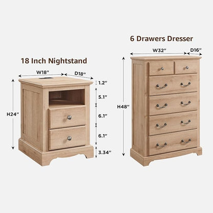 T4TREAM Farmhouse Dresser and Nightstand Sets of 3, 48" Tall 6 Drawers Dresser & 2-Drawer Nightstands Set, Wood Bedroom Furniture Set for Home, Hallway, Bedroom, Natural Oak