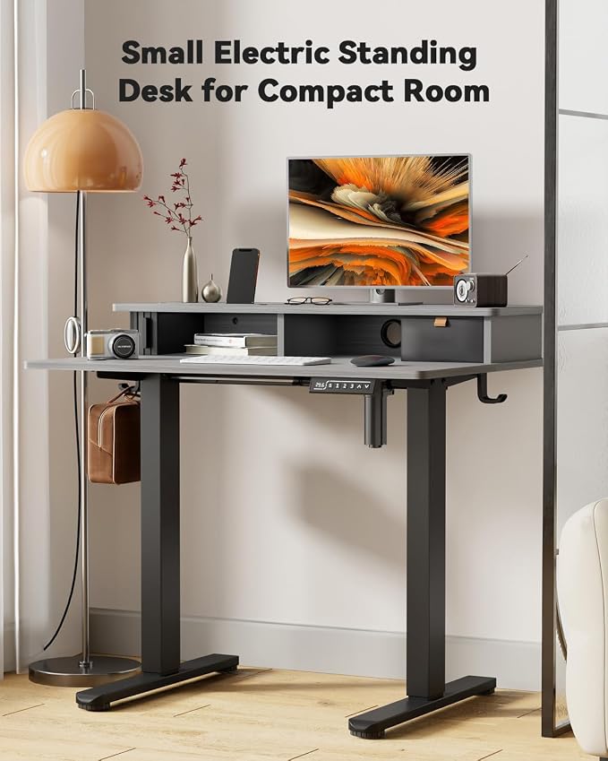 JOY worker Small Electric Standing Desk, 35" x 25" Height Adjustable Table with Built-in Monitor Stand & Storage Drawer, Grey Sit Stand Desk with 2 Hooks for Home Office