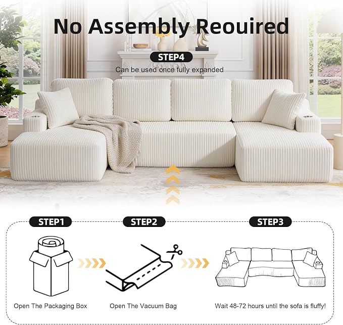 130" U-Shaped Modular Sectional Sofa with Chaise, Boneless Corduroy Flexible Module Seating for Living Room, Cloud Couch with Cup Holders and Side Pockets, No Assembly (Beige)