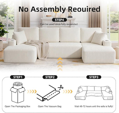 130" U-Shaped Modular Sectional Sofa with Chaise, Boneless Corduroy Flexible Module Seating for Living Room, Cloud Couch with Cup Holders and Side Pockets, No Assembly (Beige)