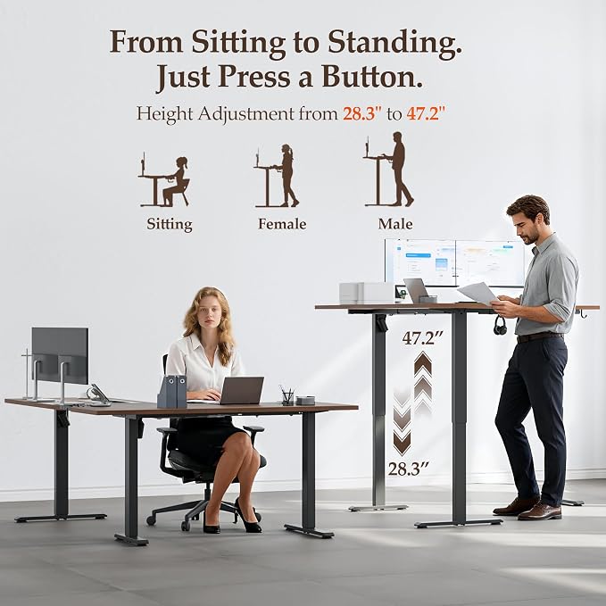 Klicelor L Shaped Standing Desk 73 x 60 Inch, Electric Height Adjustable Corner Desk for Home Office Workstation, Ergonomic Sit Stand Computer Table with Memory Controller, Dark Walnut