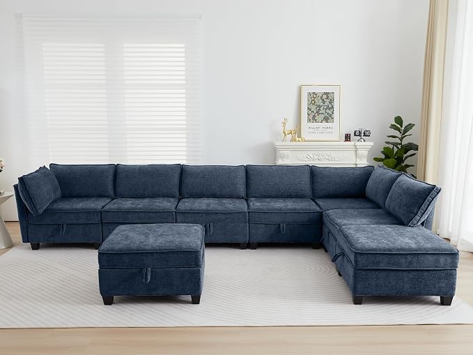 ORRD Oversized Modular Sectional Sofa Set, Convertible U Shaped Couch with Storage, 8 Seater Sofa Modular with Ottomans and Reversible Chaise for Living Room, Office (Blue Grey)