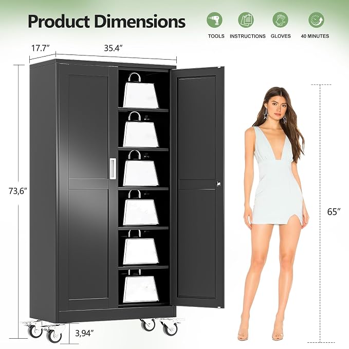Metal Garage Storage Cabinet, 74”Tall Rolling Utility Cabinet Black | storage system with Wheels, Lock, 5 Adjustable Shelves, Heavy Duty Steel Tool Locker for Home Office, Utility Room, Gym