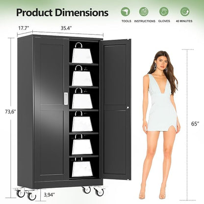 Metal Garage Storage Cabinet, 74”Tall Rolling Utility Cabinet Black | storage system with Wheels, Lock, 5 Adjustable Shelves, Heavy Duty Steel Tool Locker for Home Office, Utility Room, Gym