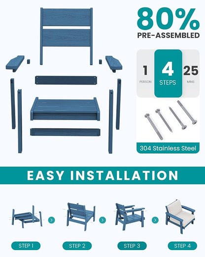 SERWALL HDPE Outdoor Couch, All-Weather Wood-Like Outdoor Sofa Set with Coffee Table, Blue Frame and Khaki Cushion