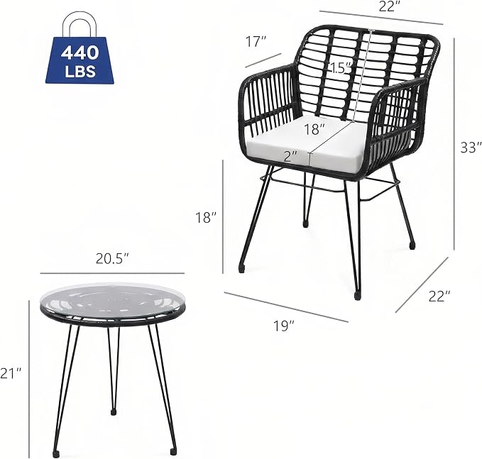 3-Piece Patio Furniture Set, Wicker Bistro Set with 2 Cushioned Rattan Armchairs and Glass Top Coffee Table, Small Conversation Set for Balcony, Porch, Backyard, Black/White