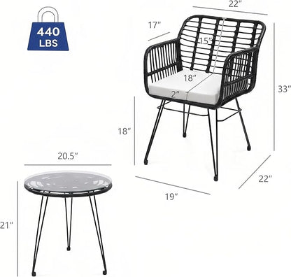 3-Piece Patio Furniture Set, Wicker Bistro Set with 2 Cushioned Rattan Armchairs and Glass Top Coffee Table, Small Conversation Set for Balcony, Porch, Backyard, Black/White