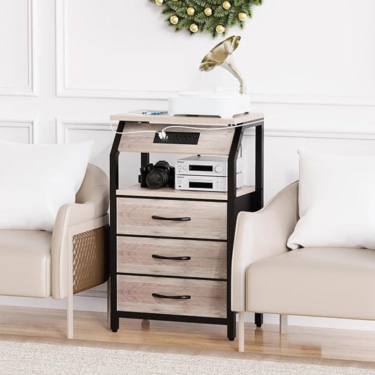 SZLHANJZ End Table with 3 Drawers, Night Stand with Charger Station and LED Lights, Small Nightstand with Fabric Storage, Farmhouse Side Table for Bedside, Living Room, Dorm, Greige