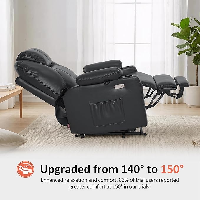 MCombo Extra Wide Power Lift Recliner Chair for Elderly, Lift Chair with Heat and Massage for Big People, USB&Type C Ports, Cup Holders, Faux Leather R7045 (Black, Medium-Wide)