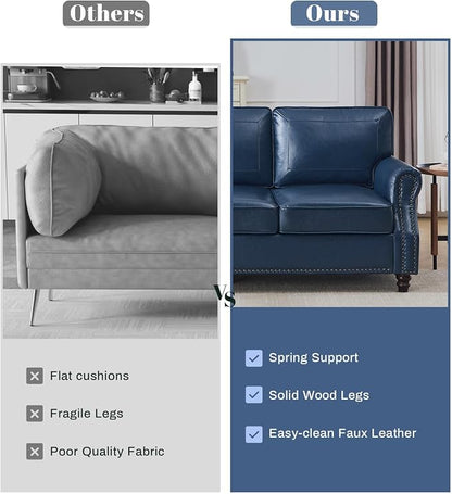 Kingfun Loveseat 2 Seater Couch with Chair, Mid Century Modern Faux Leather Sofa Set with Rolled Arms and Deep Seats, Fluffy Comfort for Living Room, Apartment, Easy Assembly, Blue