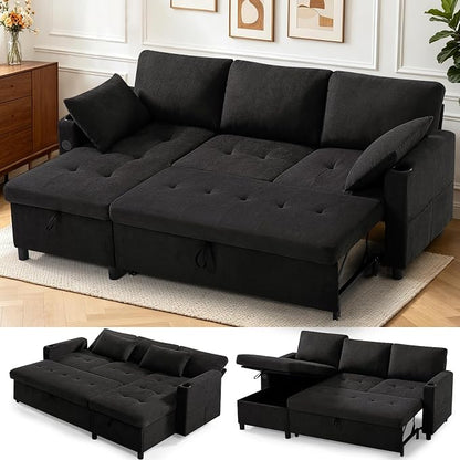 84" Fabric Pull-Out Couch Bed w/Adjustable Backrests, Black | Sectional Sleeper Sofa w/USB Ports & 2 Cup Holders, Upholstered L-Shaped Couch w/Storage Chaise for Living Room, House