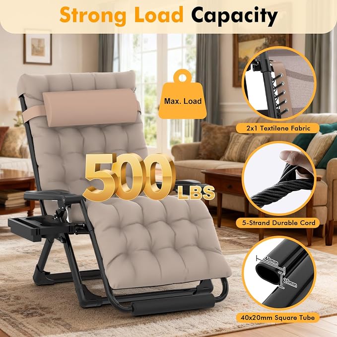 Slendor Oversized Zero Gravity Chairs XXL, Padded Zero Gravity Lounge Chair, Lawn Recliner, Folding Patio Reclining Chair w/Aluminum Alloy Lock, Headrest, Cup Holder, Support 500lbs, Khaki