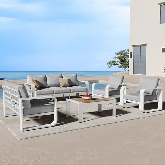 Oversized Aluminum Outdoor Furniture Set, Extra Large Patio Furniture Sofa Set 4.8” Widened Armrest & Ultra-Thick Cushions, 5 Pcs Modern Patio Sectional for Backyard, Porch, White