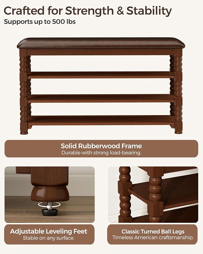 Homleke 3-Tier Solid Wood Shoe Rack Bench with Classic Turned Ball Legs | Tall Entryway Bench with Leather Seat, Holds Up to 12 Pairs, for Hallway, Bedroom and Closet, Walnut, 39.4 Inch