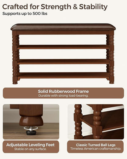 Homleke 3-Tier Solid Wood Shoe Rack Bench with Classic Turned Ball Legs | Tall Entryway Bench with Leather Seat, Holds Up to 12 Pairs, for Hallway, Bedroom and Closet, Walnut, 39.4 Inch