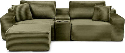 ivoros 111 Inch Modular Sectional Sofa Couch, Oversized Modern Cloud Couch for Living Room, L Shape Couches with Ottomans, USB Ports and Cup Holders, Green Corduroy Boneless Sofas, Sofa in a Box